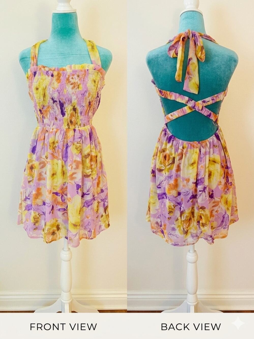 Purple Yellow Floral Smocked Halter Mini Dress Backless Criss Cross Fairycore M